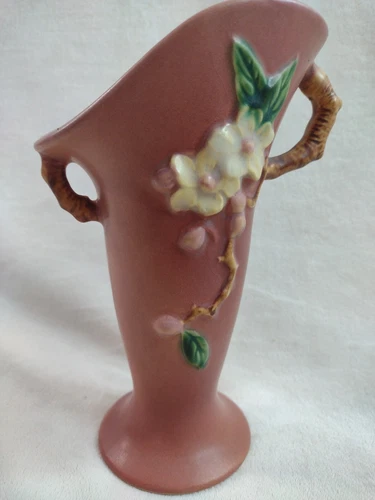 Roseville Pottery Apple Blossom Vase 382-7 Pink Vintage USA 7.5" Asymmetrical