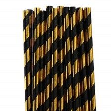  Gold And Black Striped Paper Straws 8" (20cm) Biodegradable Compostable 6mm 