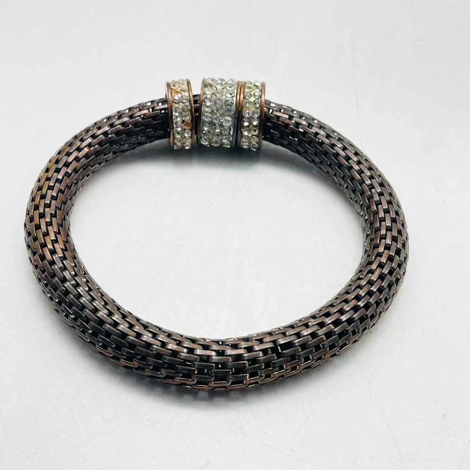 Brazalete de malla tono bronce anillo estrás detalles brillante fiesta navideña Foto 2 de 4