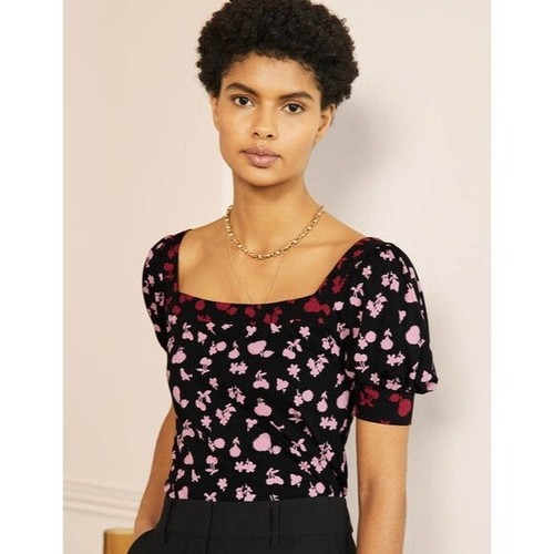 NWT Boden Eva Square Neck Jersey Top Black Pink Red Cherry Floral Blouse US  12 | eBay