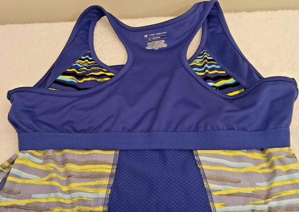 Camiseta sin mangas TEK GEAR para mujer XL azul amarillo rayas espalda deportiva colorida Foto 4 de 4