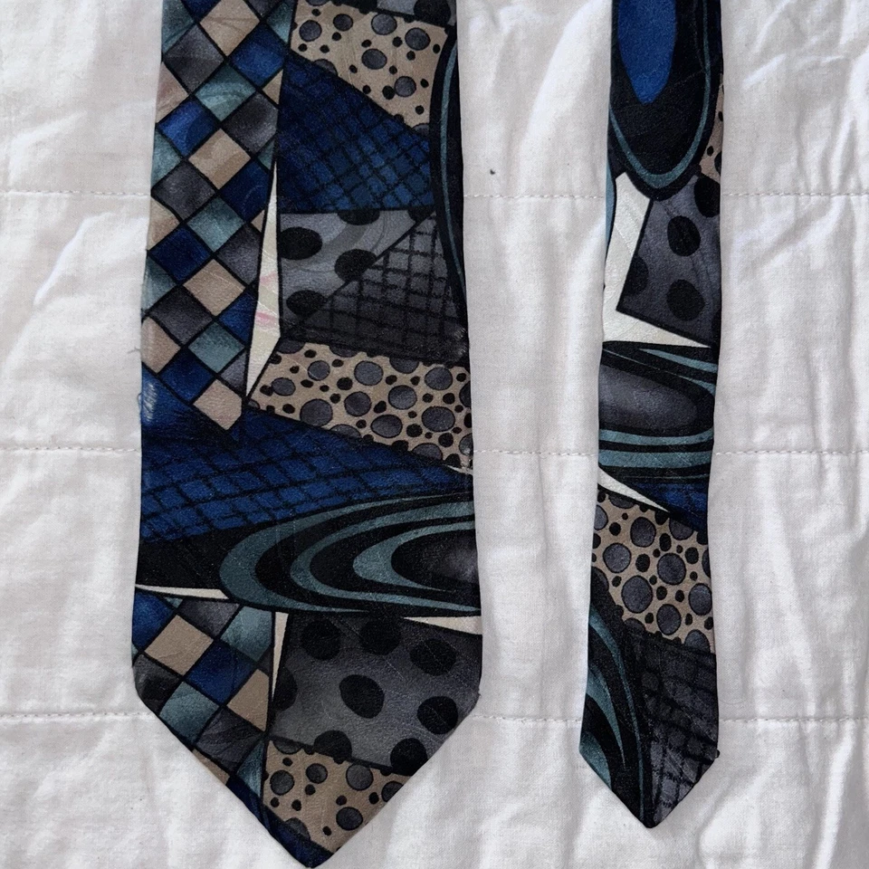 复古 Via Manzoni 领带蓝色抽象艺术 100% 意大利丝绸 62 — 第 3/4 张图片