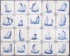 Nice field of 20 Dutch Delft Blue tiles, sailboat, 17th century.