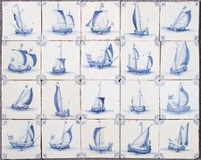 Nice field of 20 Dutch Delft Blue tiles, sailboat, 17th century.
