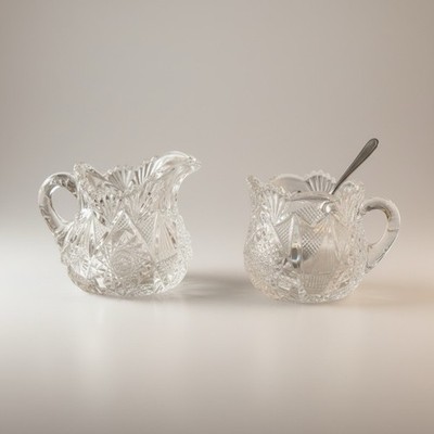 American Brilliant Cut Crystal Tear Drop Pattern Sawtooth Creamer And Sugar 