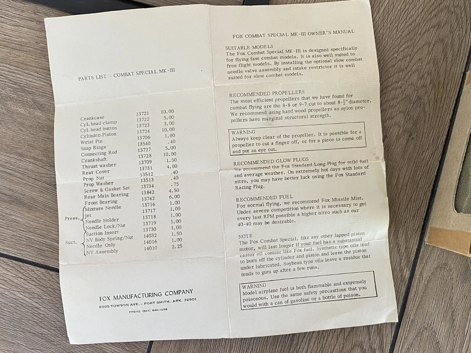 1976 FOX Combat Special MK-III Model Airplane Engine w/Original Box & Manual - Image 3 of 4