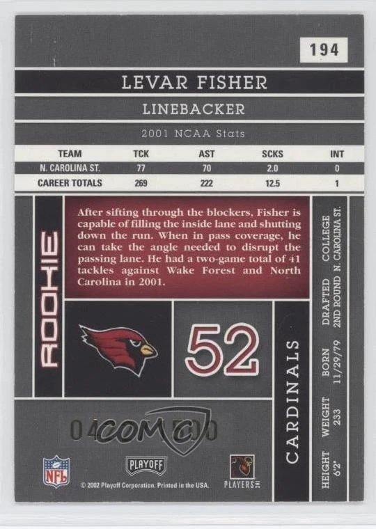 2002 Playoff Absolute Memorabilia Rookie /1500 Levar Fisher #194 Rookie RC - Image 2 of 2