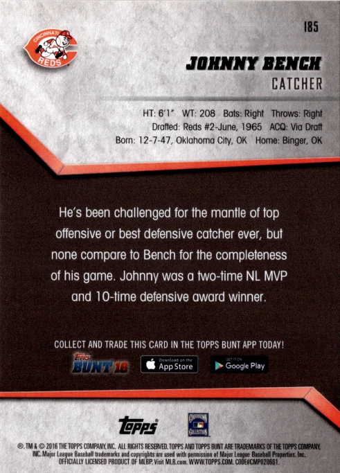5 CARD LOT - 2016 Topps Bunt - Johnny Bench #185 - Image 2 of 2