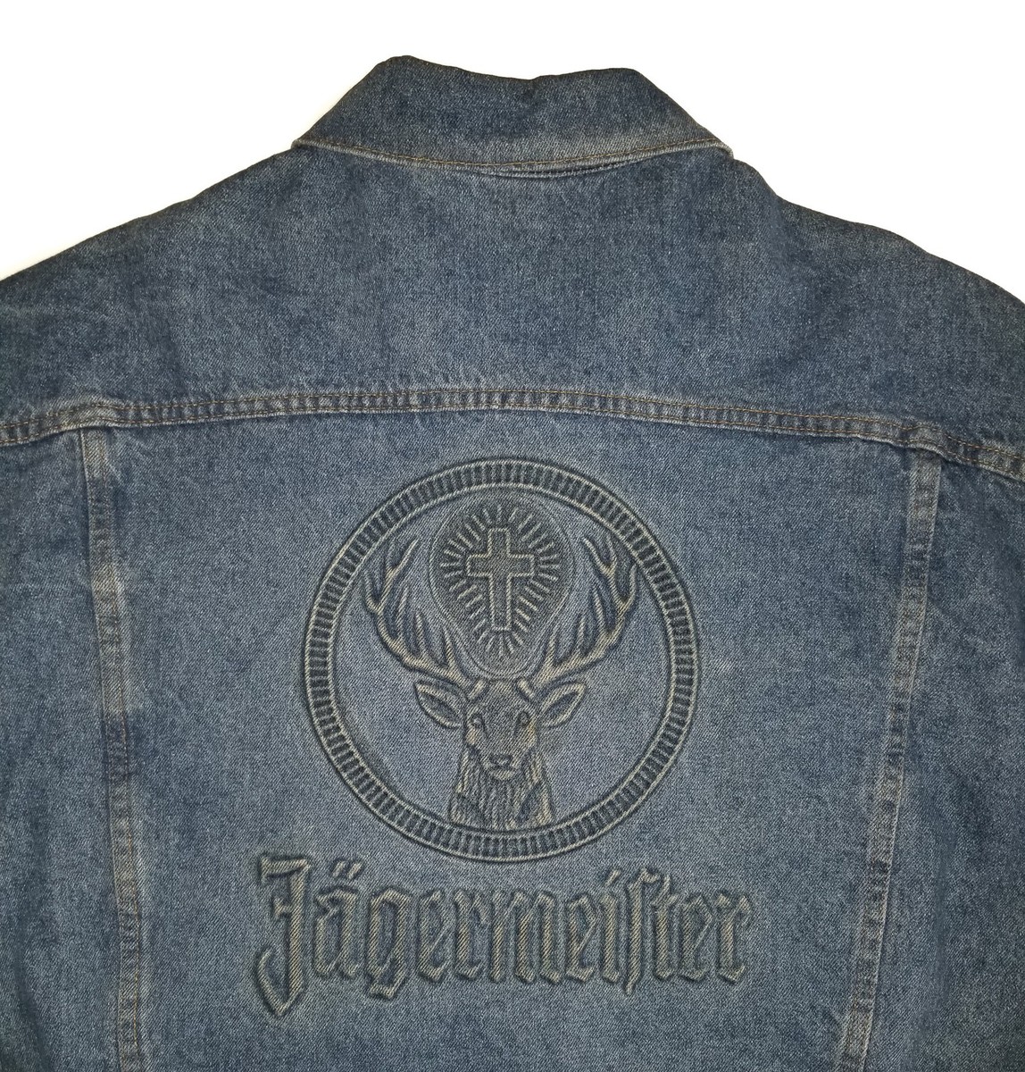 JAGERMEISTER Denim Jacket Vintage 90s Embossed Spell Out Biker