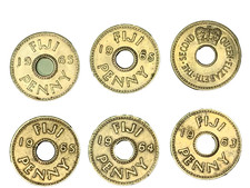 6 bundle, Fiji Penny Coin QUEEN ELIZABETH II. with Hole 4 at 1965 & 1964 & 1963