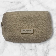 Yves Saint Laurent Cosmetic Lipstick Bag YSL Beige Shearling Makeup Pouch Travel