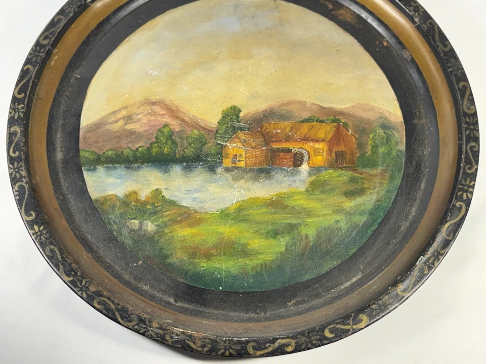 1880s PRIMITIVE HAND PAINTED METAL TRAY MILL SCENE LANDSCAPE FOLK ART PAINTING - Image 2 of 4