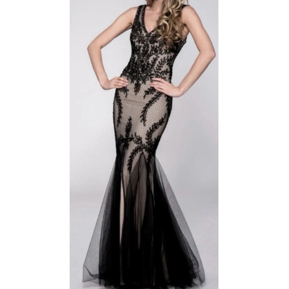 Cachet Vintage Tulle Mesh Mermaid Maxi Prom Dress Black Lace Evening Gown 10  - Image 3 of 4