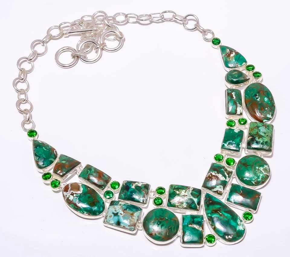 Collar Cuprita Crisocola, Esmeralda (Simulada) Plata de Ley 925 17.99" A37 Foto 3 de 4