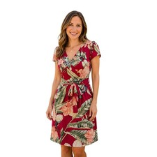 Ann Taylor Tropical Floral Print Knee Length Wrap Dress Womens 8 Burgundy Multi