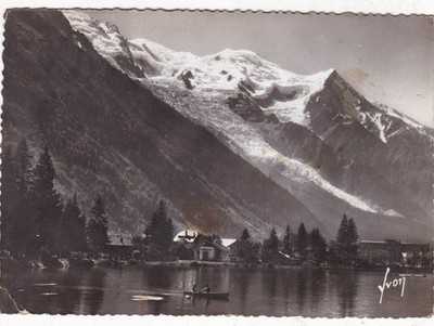 Mont Blance und Chamonixsee Frankreich Echtfoto Postkarte verschickt 1939 Knick