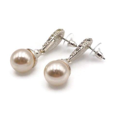 Silver Tone Crystal Rhinestone Faux Acrylic Pearl Dangle Drop Fashion Earrings - Picture 6 of 12