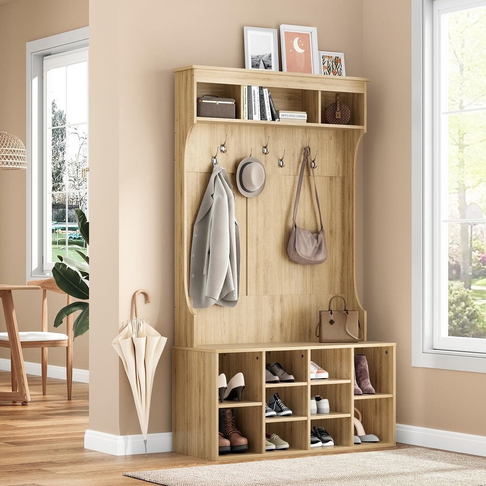 70.9 Inches Hall Tree Mud Room Freestanding Entryway 7 Coat Racks and