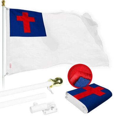 Combo: 6 Ft Flagpole White & Christian Flag 3x5 Ft Embroidered 220GSM Spun Poly