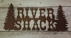 Rusted Metal River Shack with Pine Trees/Cabin decor/Fishing/Hunting/Home decor