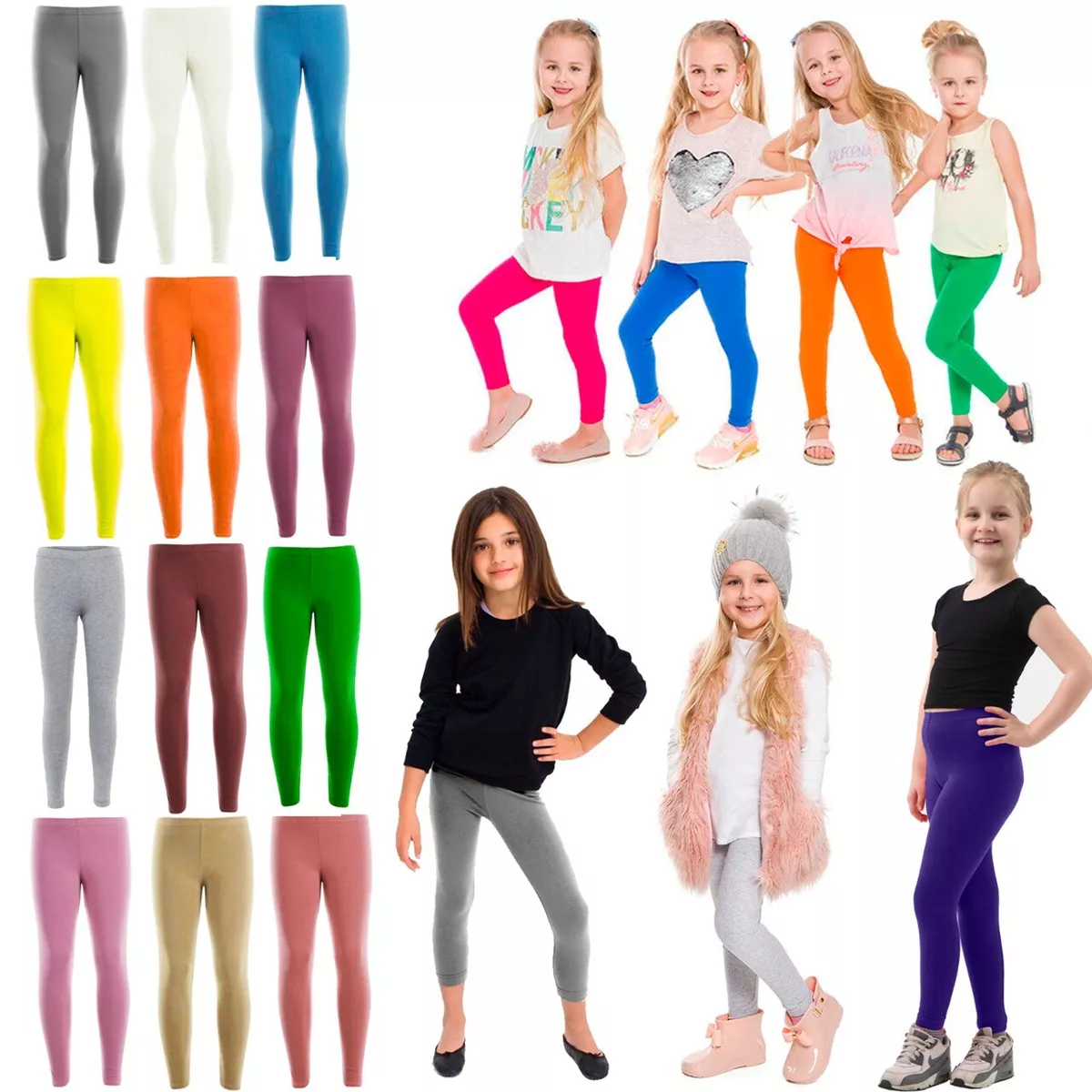 Kids Children Girls Full Length Plain Cotton Leggings New Sizes 1-11 year