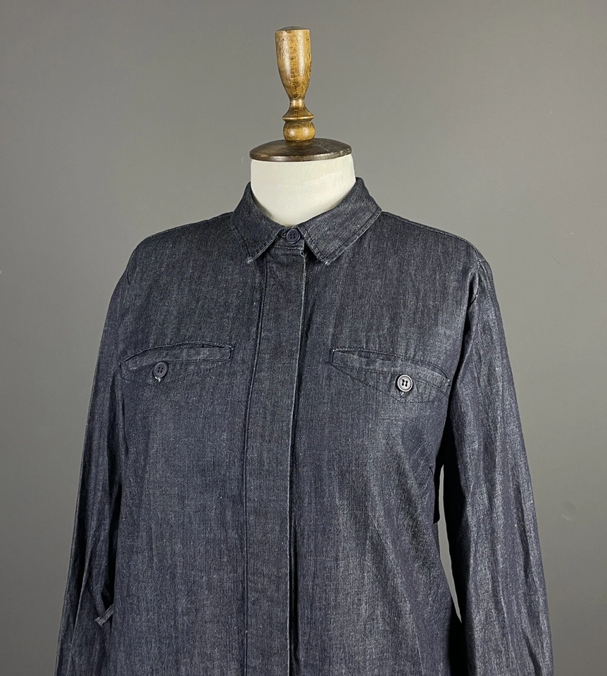 Mujeres OILILY Azul Marino Largo Gran Tamaño Abotonado Denim Camisa Chaqueta Talla 36 Foto 2 de 4