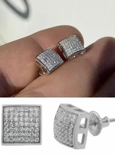 Men Real Solid 925 Sterling Silver Iced Earrings Aretes Para Hombre Plata CZ 9mm