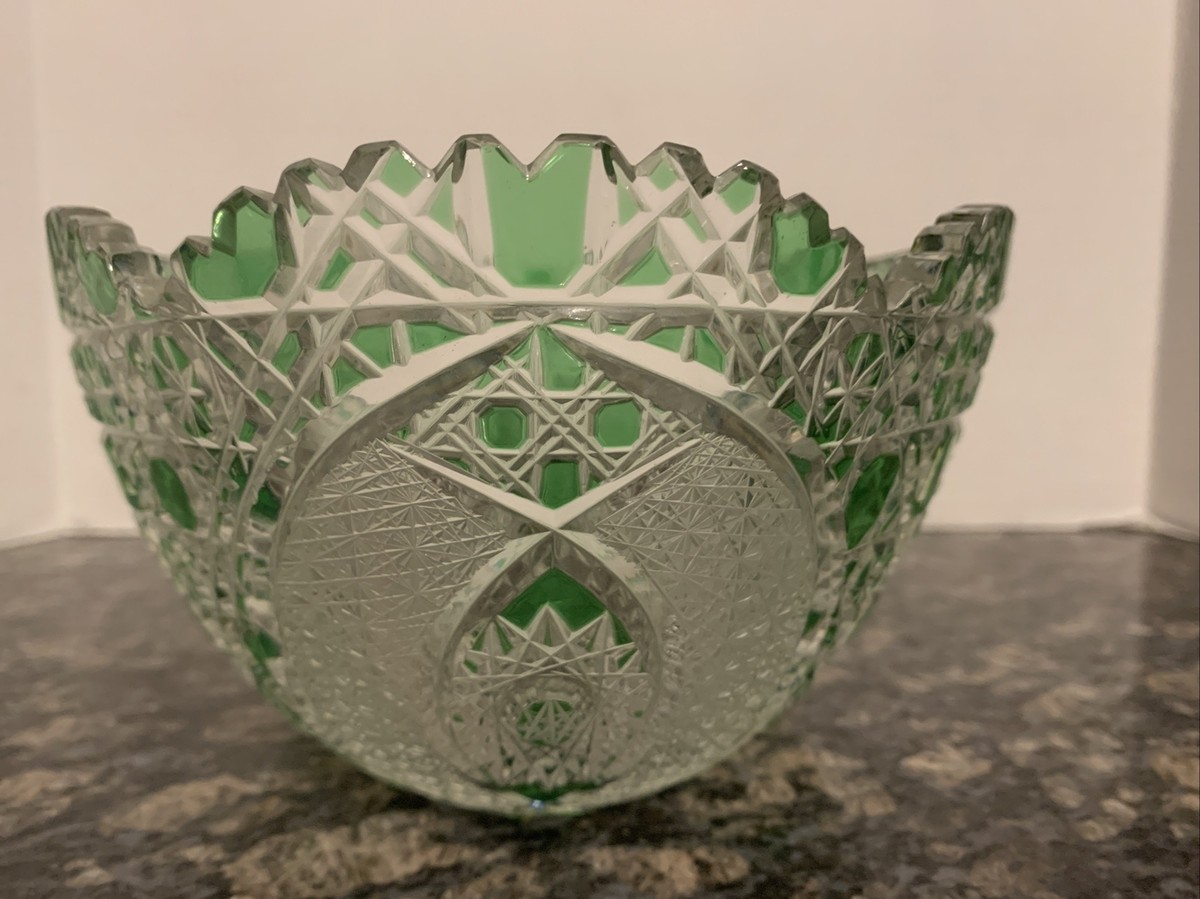 Meissen Green Cut To Clear Crystal Oblong Bowl Signed,Echt