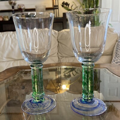 Vintage Swedish Hand Blown Wine Glasses Ahlens Scandinavian Green Stem Set 2