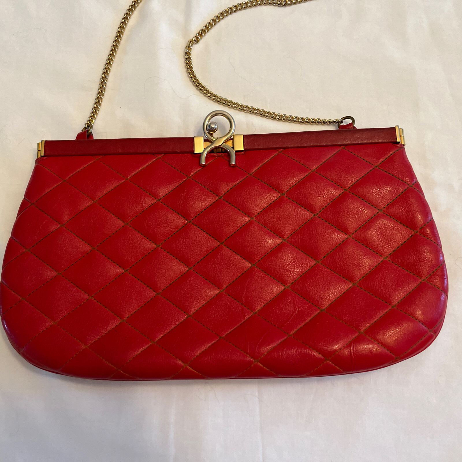Red Quilted Leather Clutch w/ Gold Chain Strap eBay