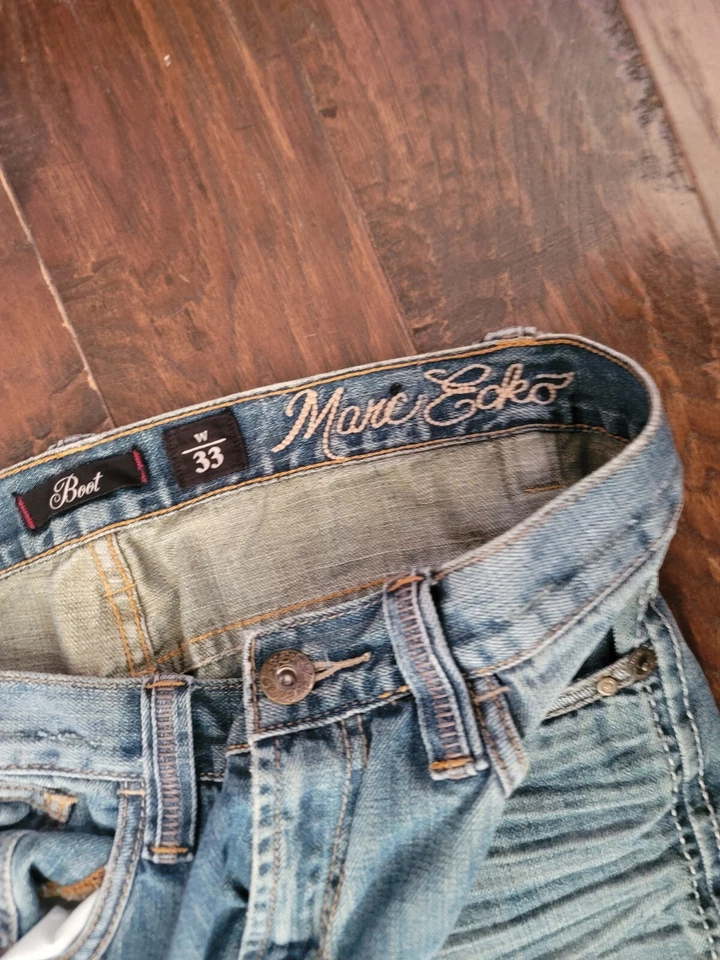 Pantalones de mezclilla para hombre Y2K vintage Marc Ecko talla 33 auténticos acabados a mano bordados Foto 4 de 4