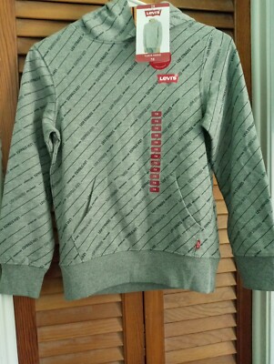 Levi s Boy s Graphic Logo Pullover Fleece Hoodie With Front Pocket Gray 7/8 NWT