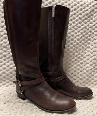 Tommy Hilfiger brown leather zip elastic campus riding harness buckle boots 9.5