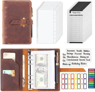 Leather Binder Budget with Cash Envelopes, Handmade Leather A6 Binder for Money 