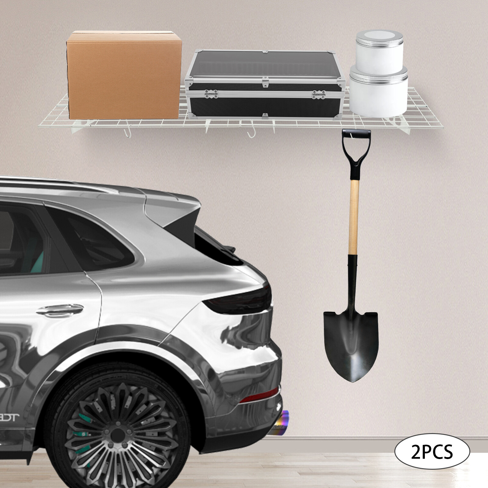 2PACKS 400LBS Garage Shelving with Hooks, Garage Storage Rack, Garage Wall Shelf