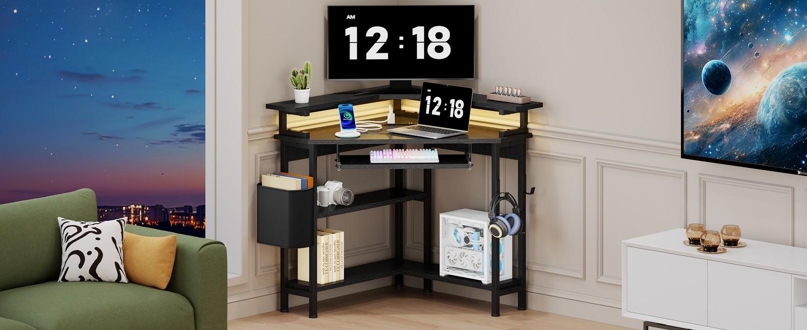 LED Corner Desk with Charging Station Triangle Corner Table w/Keyboard Tray NEW!