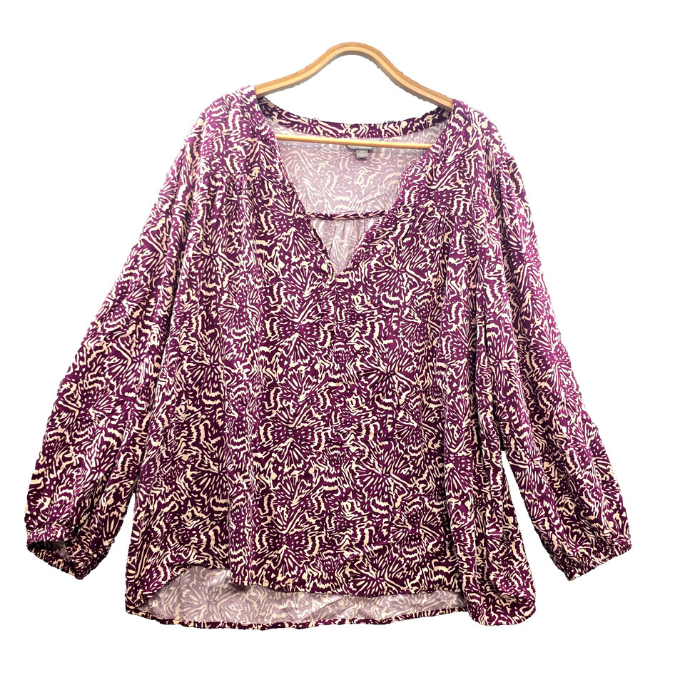 Suzanne Grae Top Womens Blouse Size 20 Purple Beige Long Sleeve V-Neck