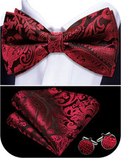 Paisley Striped Bow Tie for Men Silk Pre-Tied Bowtie Pocket Square Cufflinks Set