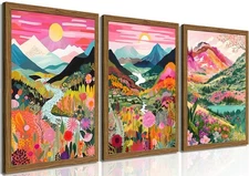 Boho Colorful Mountain Wall Art Set of 3, Abstract Watercolor Landscape Flowe...