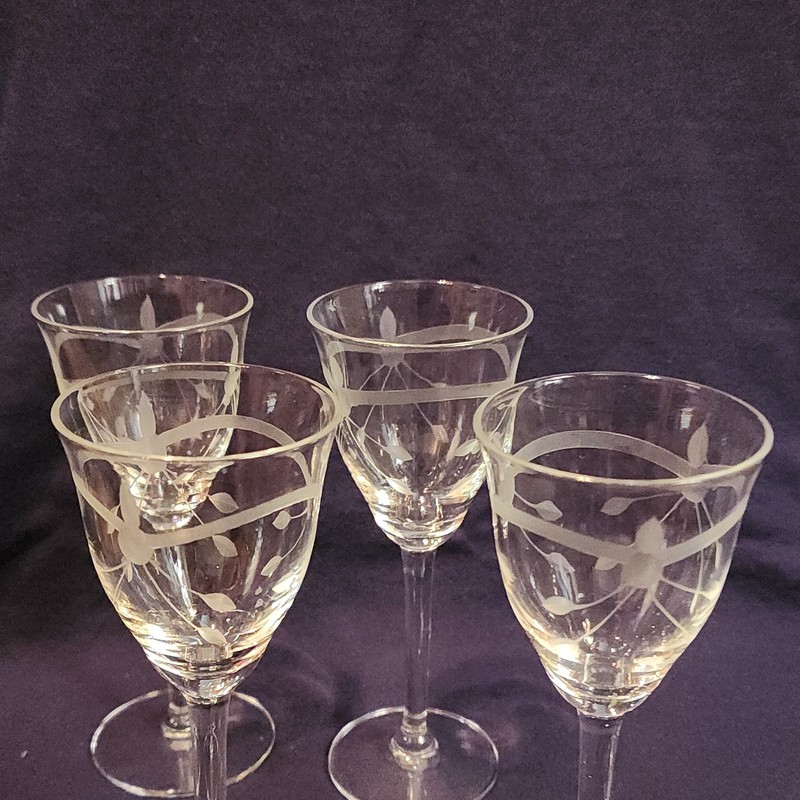 4pc Vintage Fostoria Corsage Clear 341 Cordial Liqueur Bow Tie Etched Ribbon