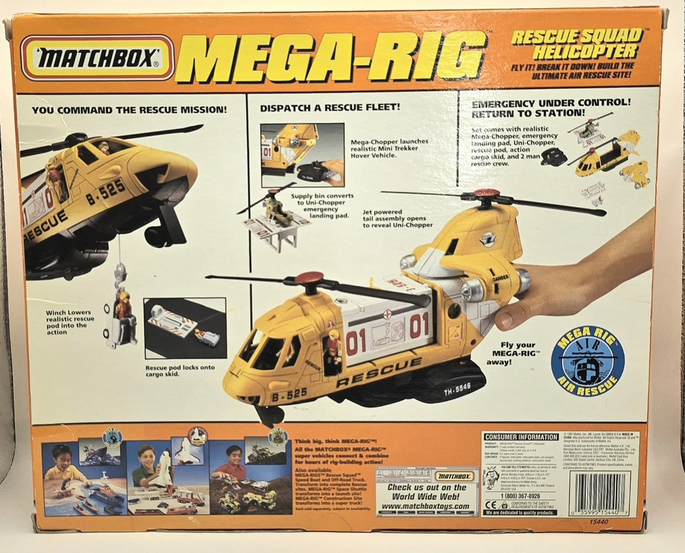 Helicóptero Matchbox Mega-Rig Rescue Squad #15440 caja sellada 1997 ruedas Mattel Foto 2 de 4