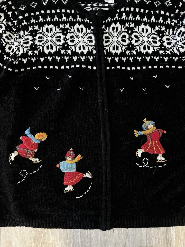 Suéter De Colección Alfred Dunner Para Mujer 2X Negro Chenilla Copo de Nieve Patinaje sobre Hielo Cremallera Foto 2 de 4