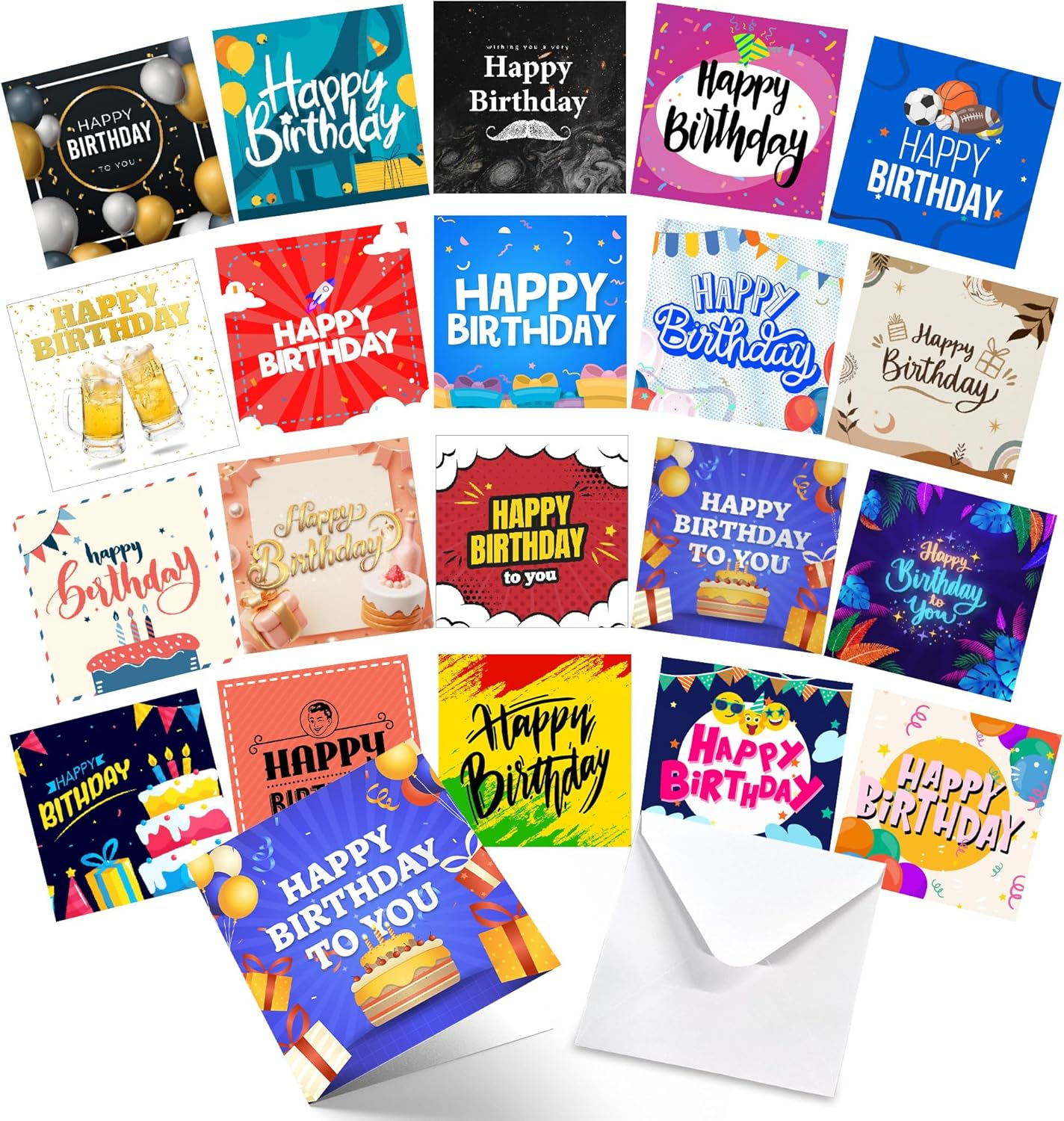 20Pk Birthday Cards for Men Multipack & 20Pcs Envelopes - 15X15Cm Assorted Men B