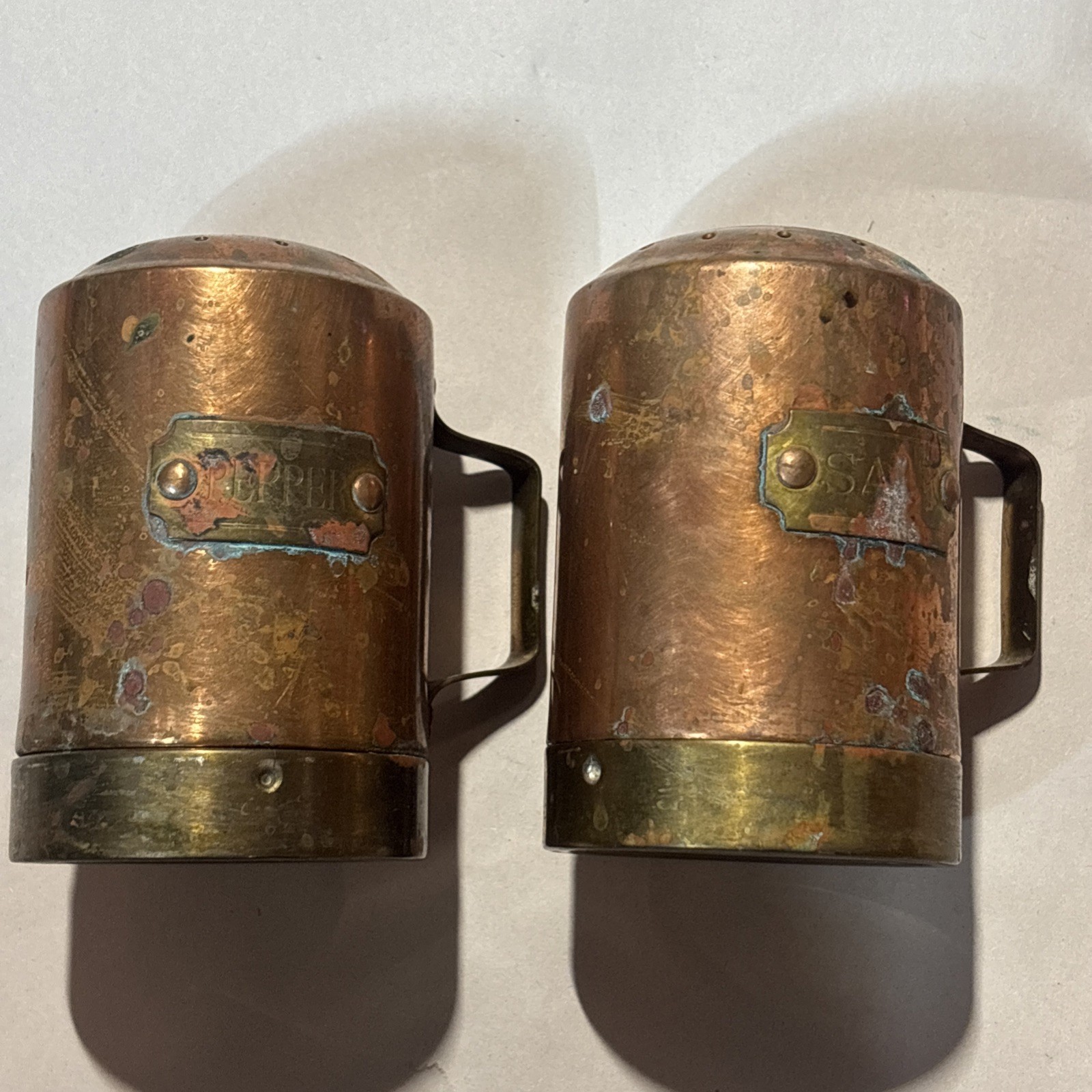 Vintage Copper and Brass Salt & Pepper Shakers Set