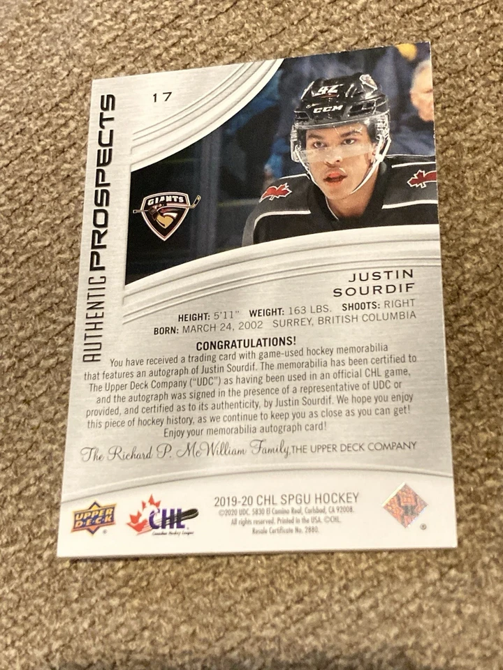 2019 Upper Deck SP Game Used CHL Edition RPA Red Justin Sourdif RC SP /90 3clr - Image 3 of 3
