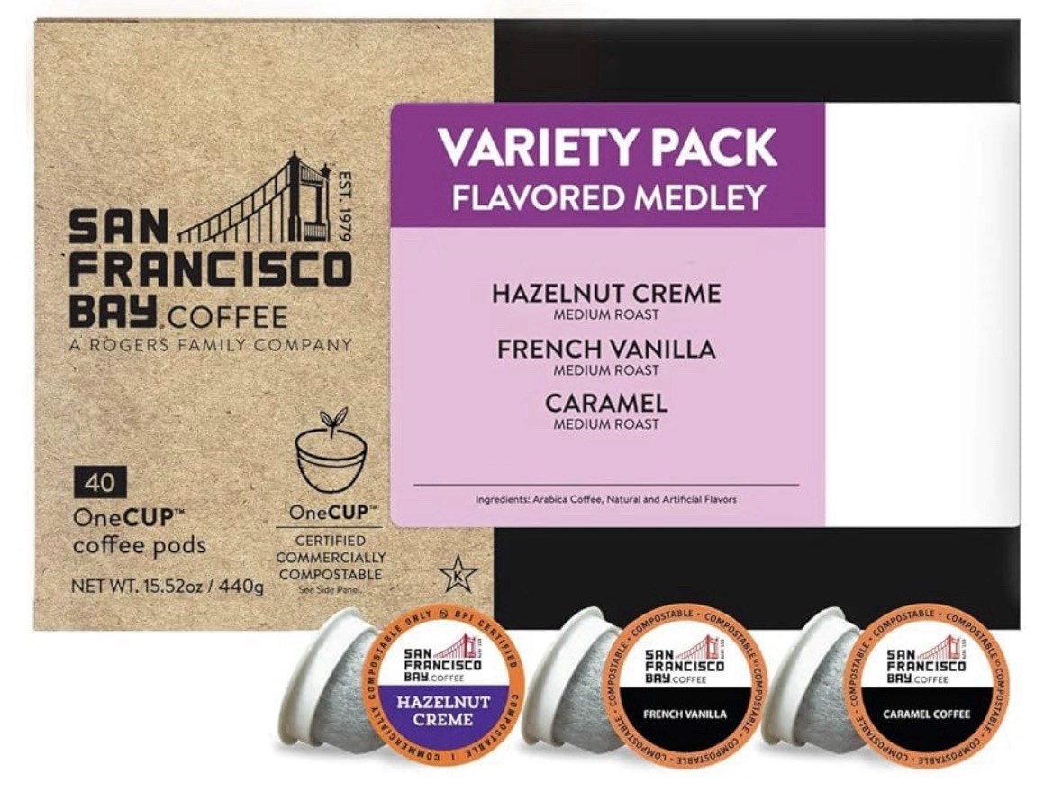 SAN FRANCISCO BAY COFFEE VARIETY PACK FLAVORED MEDLEY 40 KCUPS CARAMEL HAZELNUT