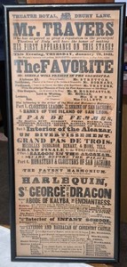 1843 Broadside Framed Theatre Royal Drury Lane 20.25"x9" Mr Travers Harlequin