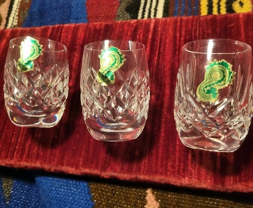 VINTAGE 3 Waterford Lismore Shot Glasses Plain Base 2.5" Foil Stickers Stamp LOT