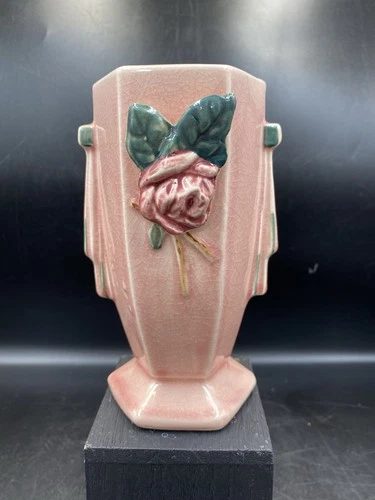 1948 6” McCoy USA Pottery Applied Rose Pink Vase