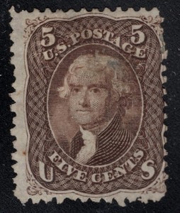 MNG 1868 "F" Grilled 5c Jefferson Postage Stamp, Scott #95* (HH, H-Thin)